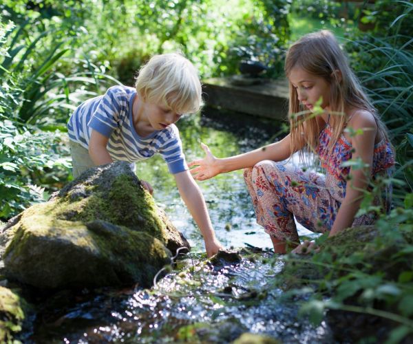 A young boy and girl playing outside in a creek